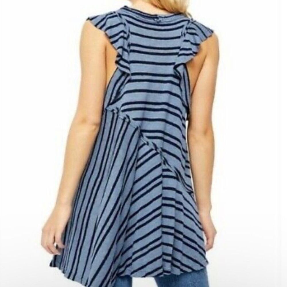 Free People Blue Striped Tunic Dress Between the Lines XS Flutter Ruffles Linen - Picture 3 of 16